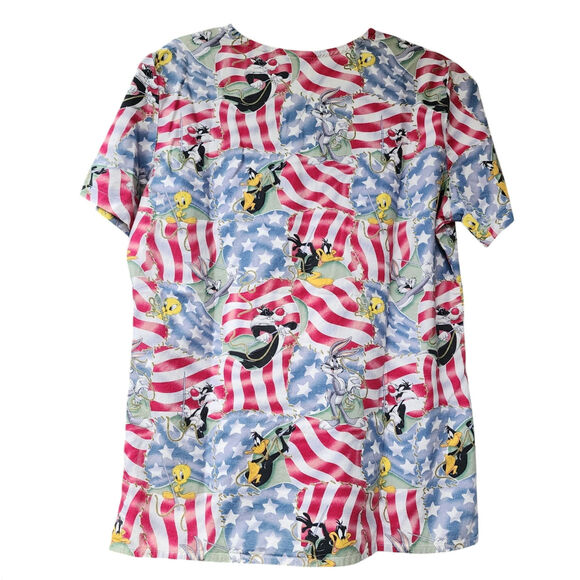 Looney Tunes Scrub Top USA Flag Bugs Bunny Tweety Sylvester Daffy Size Small HTF - Picture 2 of 7